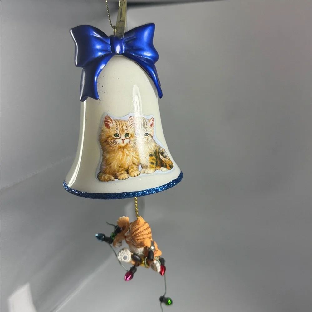 Bradford Exchange Cat Bell Christmas Ornament with Blue Bow